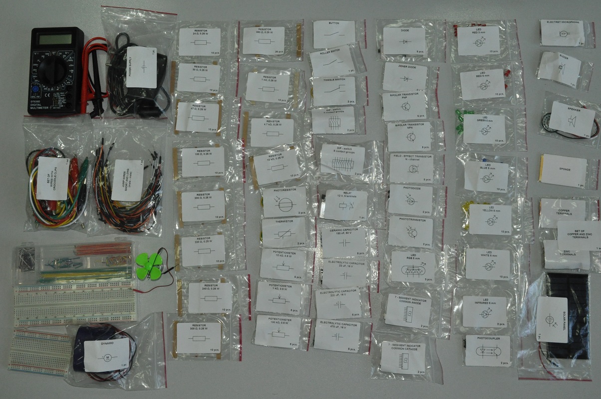 Fig. 3 The remaining elements of the set are electronic components supplemented with a multimeter, breadboards, power sources, electric motor and connecting elements (cables and jumpers)