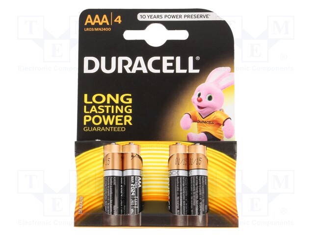 LR03/AAA/MN2400(K4) DURACELL - Pile: alcaline, 1,5V; AAA,R3; non- rechargeable; 4pc; BASIC; BAT-LR03/DR-B4