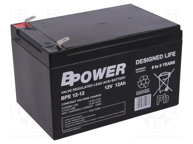 BPE 12-12 T2 BPOWER - Batteria ric: acido-piombo, 12V; 12Ah; AGM; senza  manutenzione; ACCU-BPE12-12/BP