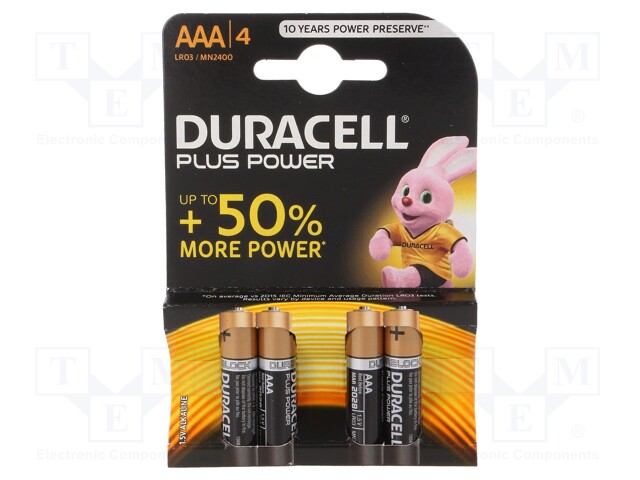 LR3/AAA/MN2400(K4) PLUS POWER DURACELL - Pile: alcaline, 1,5V; AAA,R3;  non-rechargeable; 4pc; Plus; BAT-LR03/DR-PLUSB4