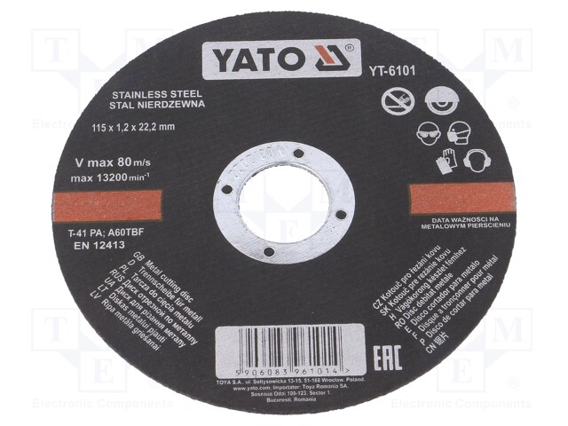 YT-6101 YATO Cutting wheel Ø: 115mm; Øhole: 22mm; Disc thick:  13200rpm TME Electronic components