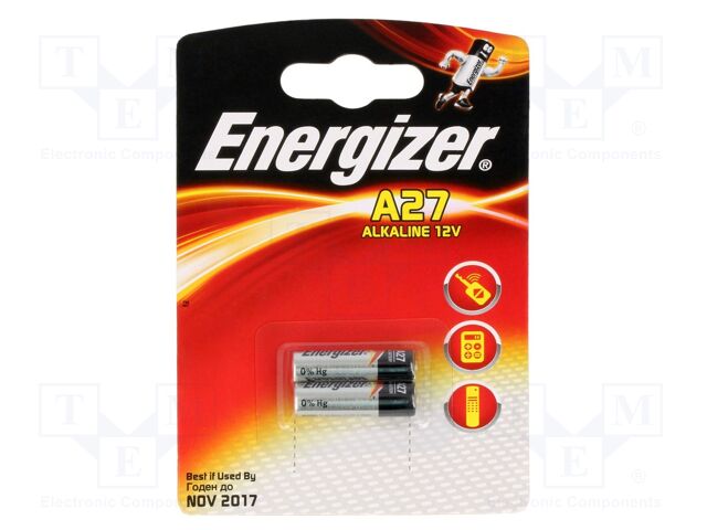 7638900393330 ENERGIZER - Pila: alcalina, 12V; 27A,8LR50,MN27; no  recargable; Ø8x28mm; 2uds.; BAT-27A/EG-B2