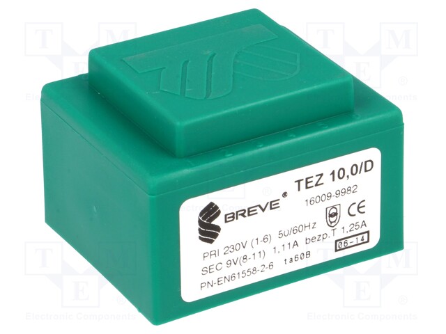 TEZ10/D230/9V BREVE TUFVASSONS - Transformateur: moulé, 10VA; 230VAC; 9V;  1111,1mA; PCB; IP00; A: 44mm; TEZ10/D/9V