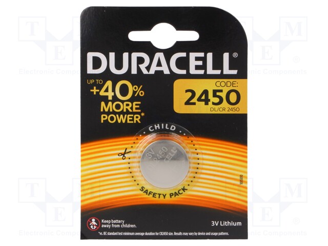 CR2450 DURACELL - Battery: lithium, 3V; CR2450,coin; non-rechargeable;  Ø24x5mm; BAT-CR2450-DR