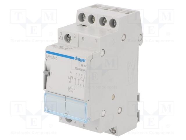 friction Specified Perception EPN540 HAGER - Relay: installation | bistable; NO x4; DIN; 16A; -5÷40°C;  IP20 | TME - Electronic components