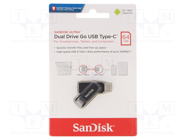 SDDDC3-064G-G46 SANDISK - Pendrive | 3.1; 64GB; R: 150MB/s; USB A,USB C; DUAL DRIVE GO | TME - komponentit