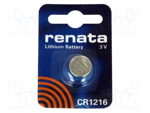 CR1216 RENATA - Battery: lithium, 3V; CR1216,coin; 30mAh;  non-rechargeable; 1pcs.; BAT-CR1216/RE-B