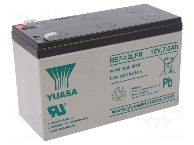 axe exaggeration Early RE7-12LFR YUASA - Re-battery: acid-lead | 12V; 7Ah; AGM; maintenance-free;  ACCU-RE7-12L/Y | TME - Electronic components