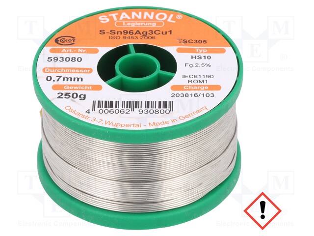 593080 STANNOL - Soldering wire | Sn96Ag3Cu1; 0.7mm; 0.25kg; lead free;  reel; HS10; SAC305HS10/0.7/250 | TME - Electronic components