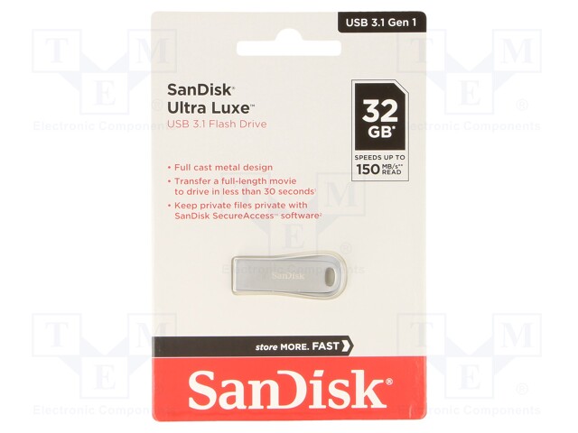 SDCZ74-032G-G46 SANDISK - Pendrive | USB 3.1; 32GB; R: 150MB/s; USB A; ULTRA LUXE; silver | TME - Electronic components