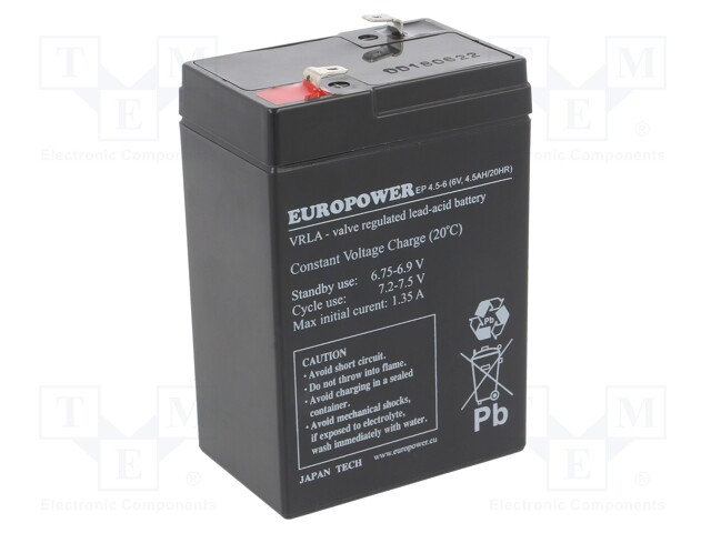 Waarneembaar bevestig alstublieft Panter EP 4,5-6 EUROPOWER - Re-battery: acid-lead | 6V; 4.5Ah; AGM;  maintenance-free; EP; ACCU-EP4.5-6/EUR | TME - Electronic components