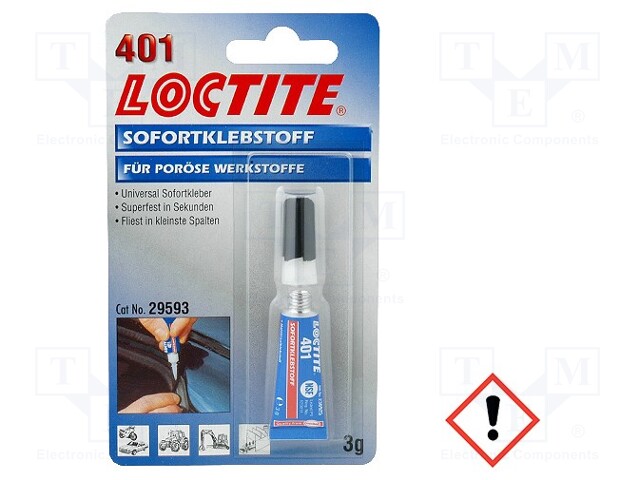 LOCTITE 401 IDH: 195904 LOCTITE - Cyanoacrylate adhesive, colourless;  tube; LOCTITE 401; 2÷180s; LOC-401-3