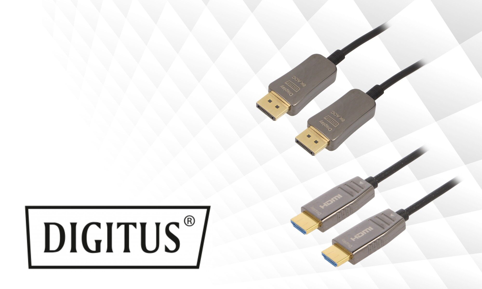 Cables ópticos HDMI y DisplayPort de la marca Digitus